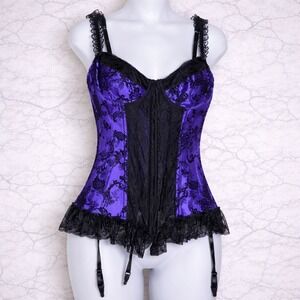 Intimate Attitudes Corset Top Womens 40 Purple Paisley Lace Up Garter Goth Y2K